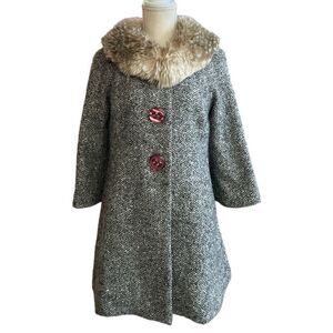 Anthropologie Beth Bowley Wool Metallic Tweed A-Line Faux Fur Collar Coat